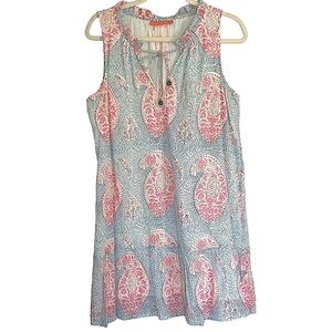 Oliphant Paisley Print Mini Dress Cotton Sleeveless Lined Tie Front Blue Pink L